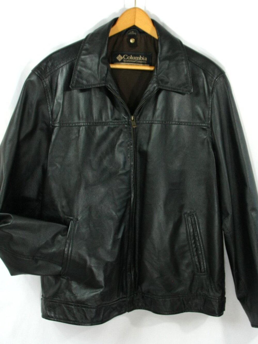 Columbia Mens Black Leather Full Zip Bomber Classic Moto Motorcycle Jacket Lg